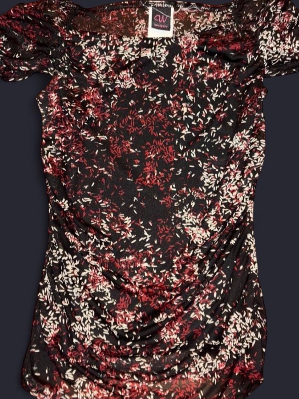 Wrapper Black Top with Red and Cream Floral Flecks and sheer back